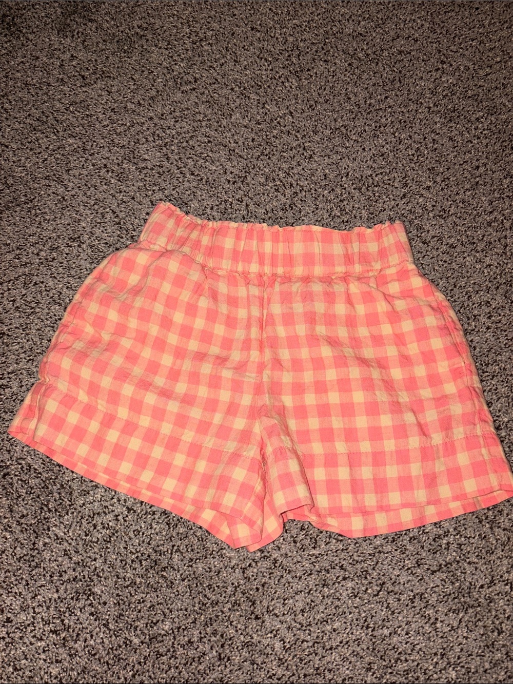 Women’s Coral Pink Gingham Elastic-Waist Linen Shorts with Pockets